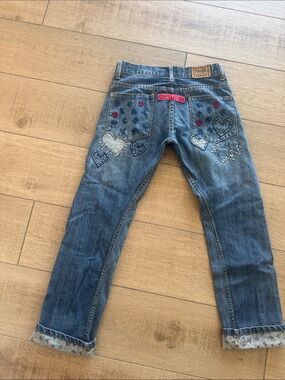 Rough Natural Charm Denim Jeans Gypsy embroider Hearts small 4 6 Y2K Rare Hippie
